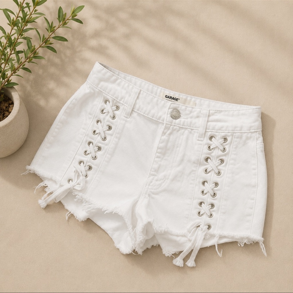 Garage White Lace-Up Side Distressed Denim Shorts